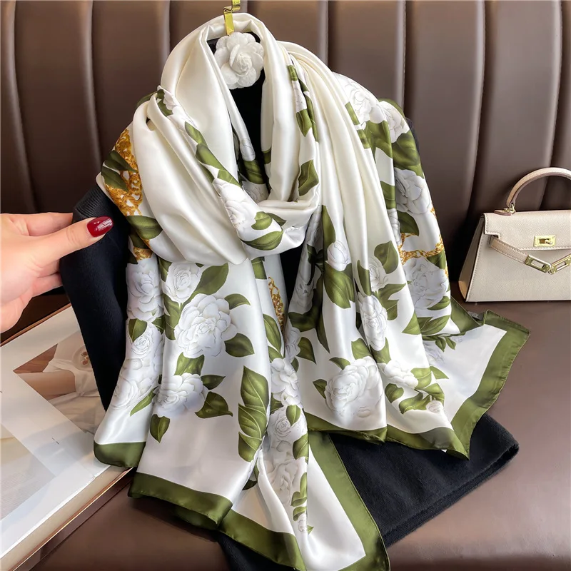 180*90cm Luxury Silk Scarf Women Printing Long Sun Protection Shawl Large Size Bandanna Foulard Muffler Hijab Scarves Soft Wraps