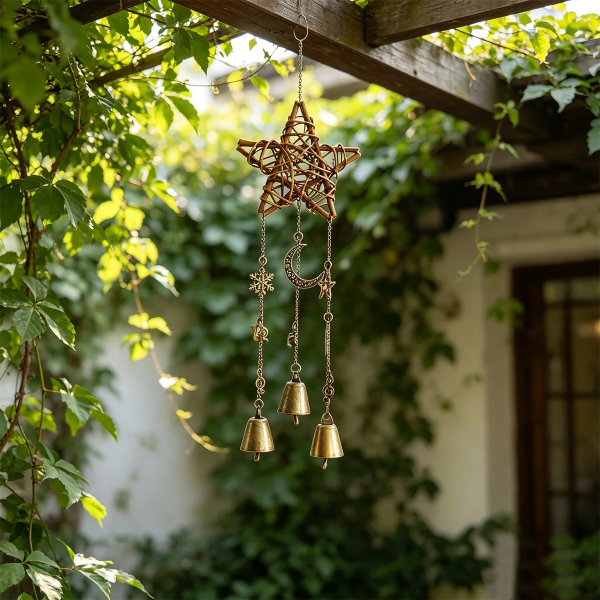 1 piece of metal wind chime, rattan woven star wind chime hanging decoration, star/moon/snowflake/musical note metal pendants, door/window/hanging decoration, pastoral style, wall decoration for eaves/entryway/balcony/