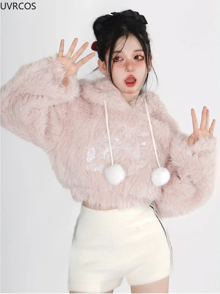 Sweats à capuche Kawaii pour femmes avec oreilles courtes en peluche, sweat-shirt de style coréen, pull court Y2K, sweats à capuche japonais, chat rose