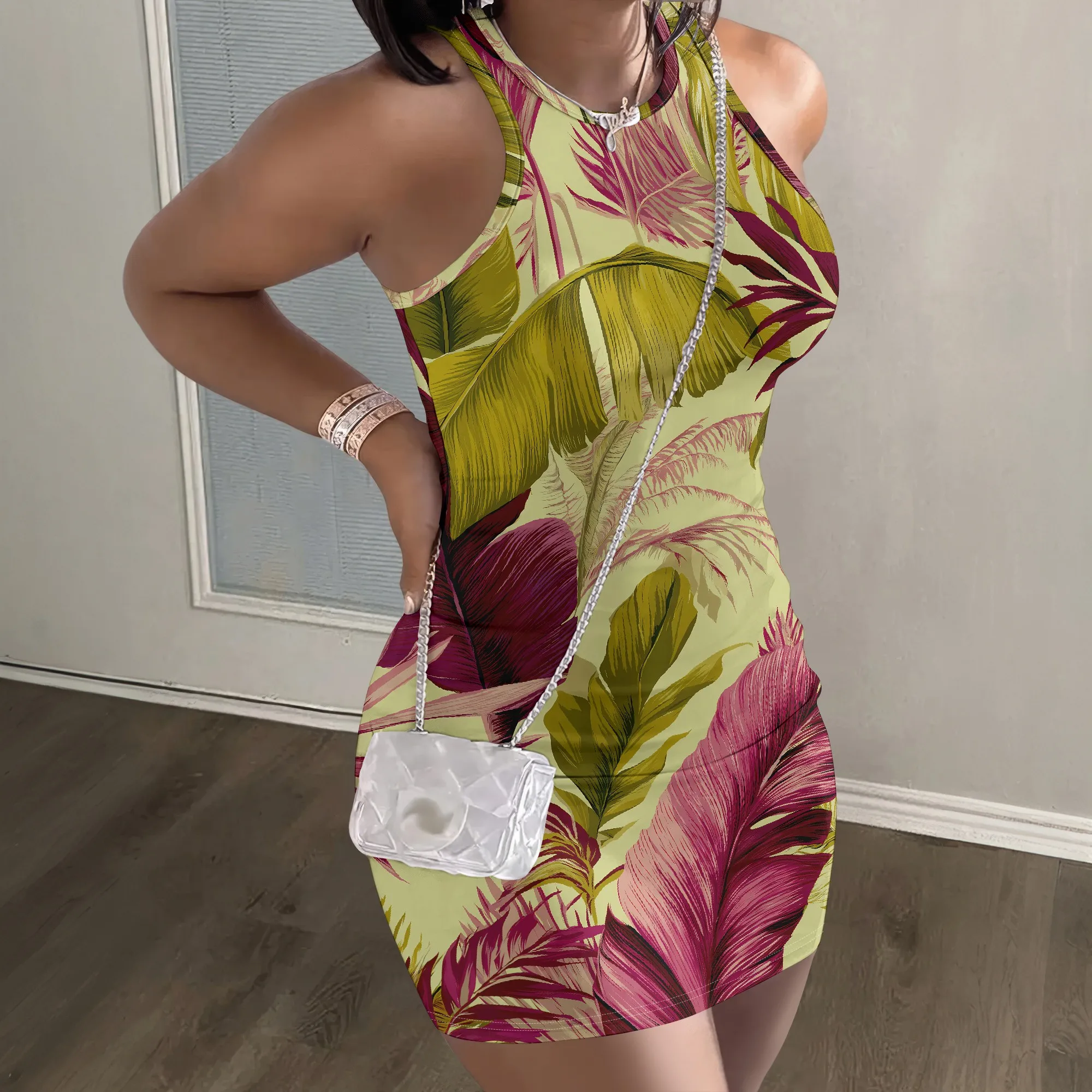 Tropical Print Halter Dress, Green Leaves Pattern, Summer Bodycon Mini, Vacation Party Wear, S-2XL