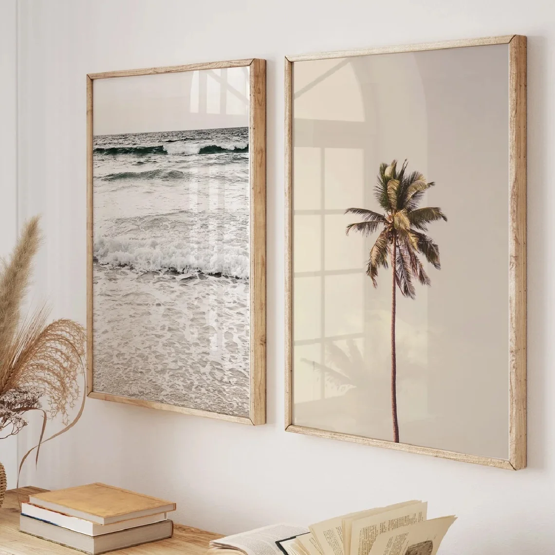 2-teiliges Set, Vintage-Poster, Kunstdruck mit Palmen und Strandmotiv, Poster mit tropischer Küste, perfekt für die Dekoration von Schlafzimmer und Wohnzimmer