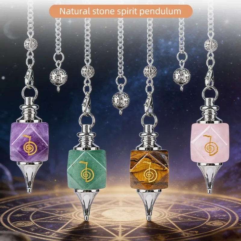 Natural Stone Crystal Geometry Engraved Symbol Dowsing Pendulum Pendants with Chains for Yoga Meditation Energy Healing