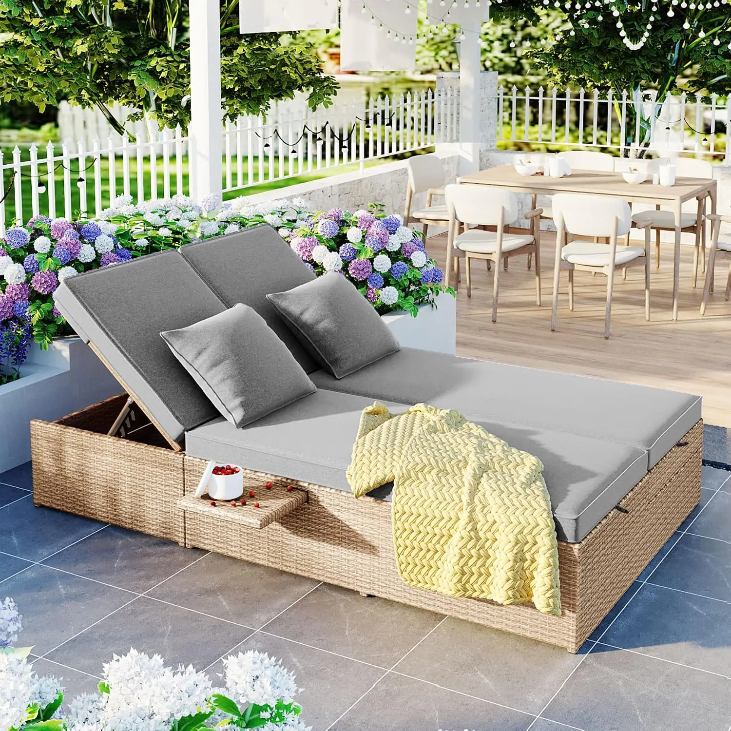 Double Sunbed Reclining Lounge 5-Level Backrest PE Rattan Cup Trays Foam Pads Water-Resistant Patio 47.2x29.5x15in, Customized