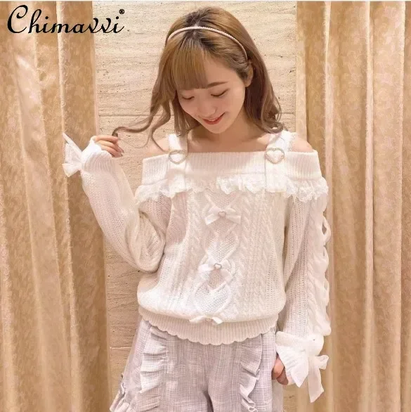 

Japanese Liz Mine Sweet Sweater Girl Off-the-shoulder Cute Sexy Suspender Lace Stitching Slim Pullover Lolita Knit Tops Spring