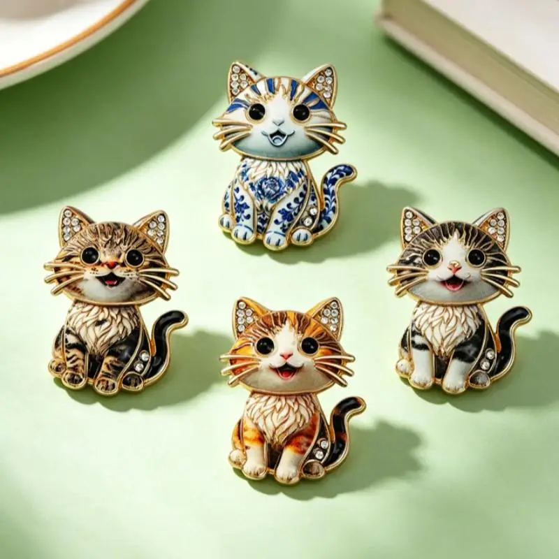 Sparkling Rhinestone Cat Brooch Cute Sitting Kitty Design Unisex Animal Lapel Pin for Women Party Wedding Clothing Accessory