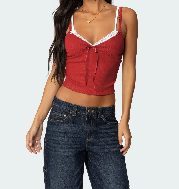 

Women's Tank Top Low Cut Contrasting Double Root Shoulder Straps Fake Two Piece Bow Decoration Spicy Girl Suspender Straps
