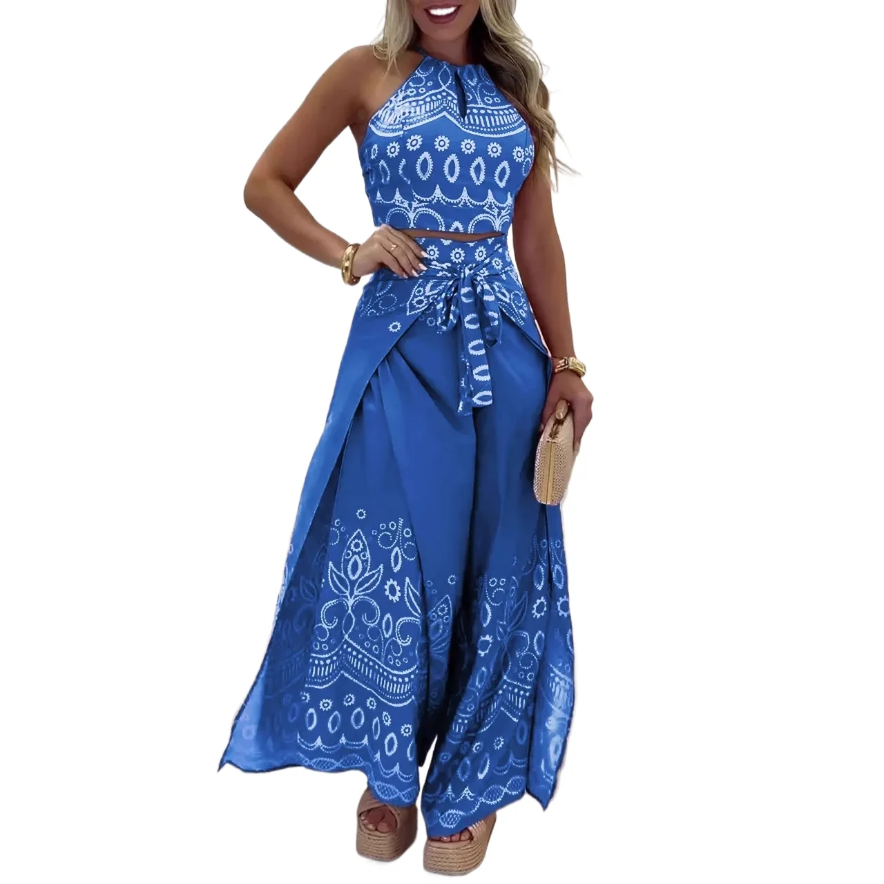 

Fashion Slim Bohemian Print Two Piece Set Women Sexy Sleeveless Neck Halter Lace Up Short Top Irregular Wide Leg Pants Set