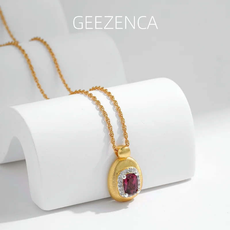 

GEEZENCA Natural Garnet 925 Sterling Silver Pendant Necklace For Women Luxury 18k Gold Brushed Gemstone Necklaces 2024 New Gift