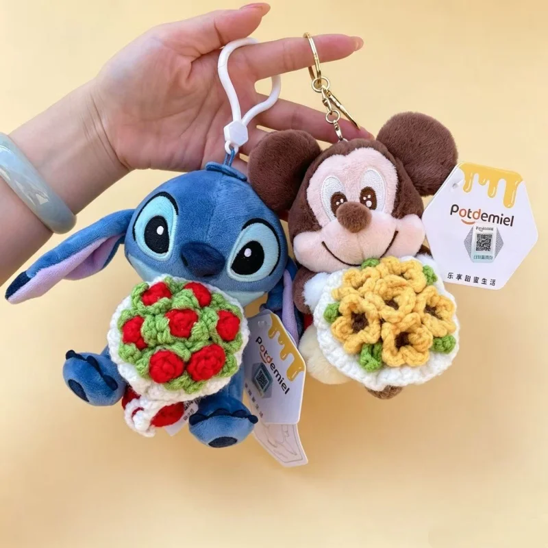 Classic Anime Genuine Stitch Micky Mouse Plush Dolls Holding Crochet Flowers Keychains Small Pendant Back Hangings Perfect Gifts