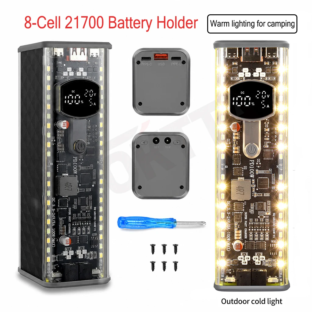 PD100W High-Power Power Bank Case Solder-Free 8-Cell 21700 Battery Holder DCVoltage Regulation High-Brightness LED Outdoor Light