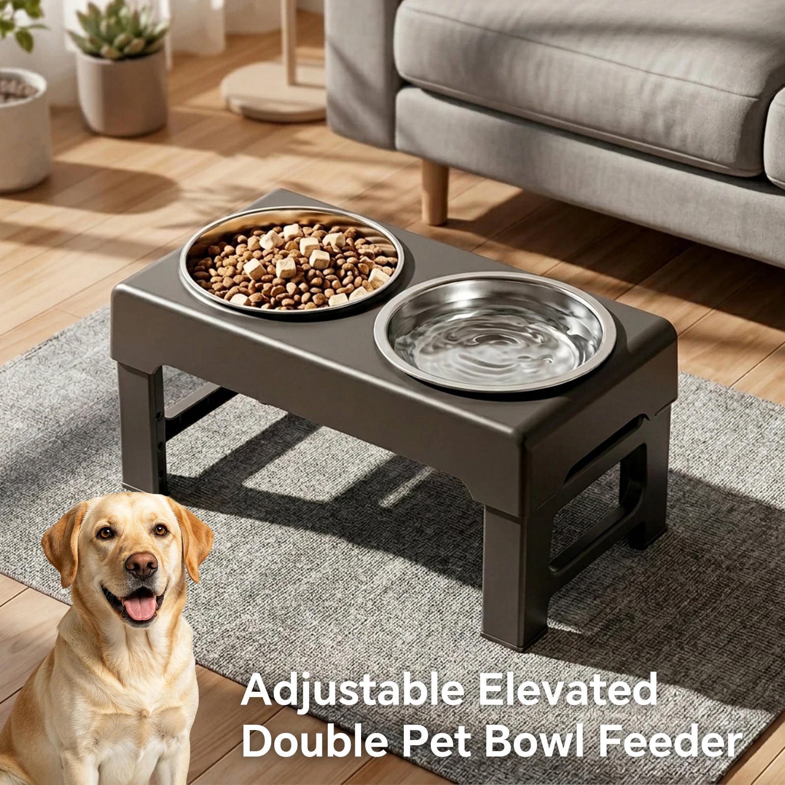 Adjustable Elevated Dog Bowls Stand 3‑Level Height Raised Pet Feeder With 2 Stainless‑Steel Bowls Non‑Slip Raised Food Water Bowl Protect Dog Neck Spine For Puppy Medium Large Dogs Easy‑Clean Removable Pet Dish