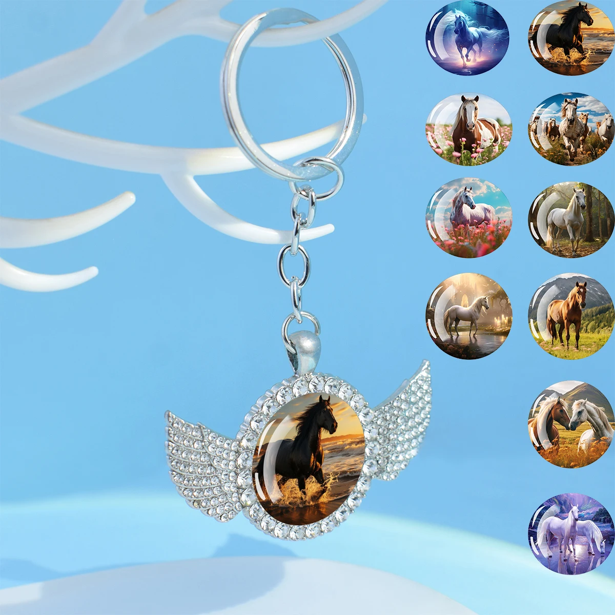 Horse Pattern Dome Glass Alloy Wings Rhinestone Keychain Brave Optimistic Animal Keychain Exquisite Men's Gift