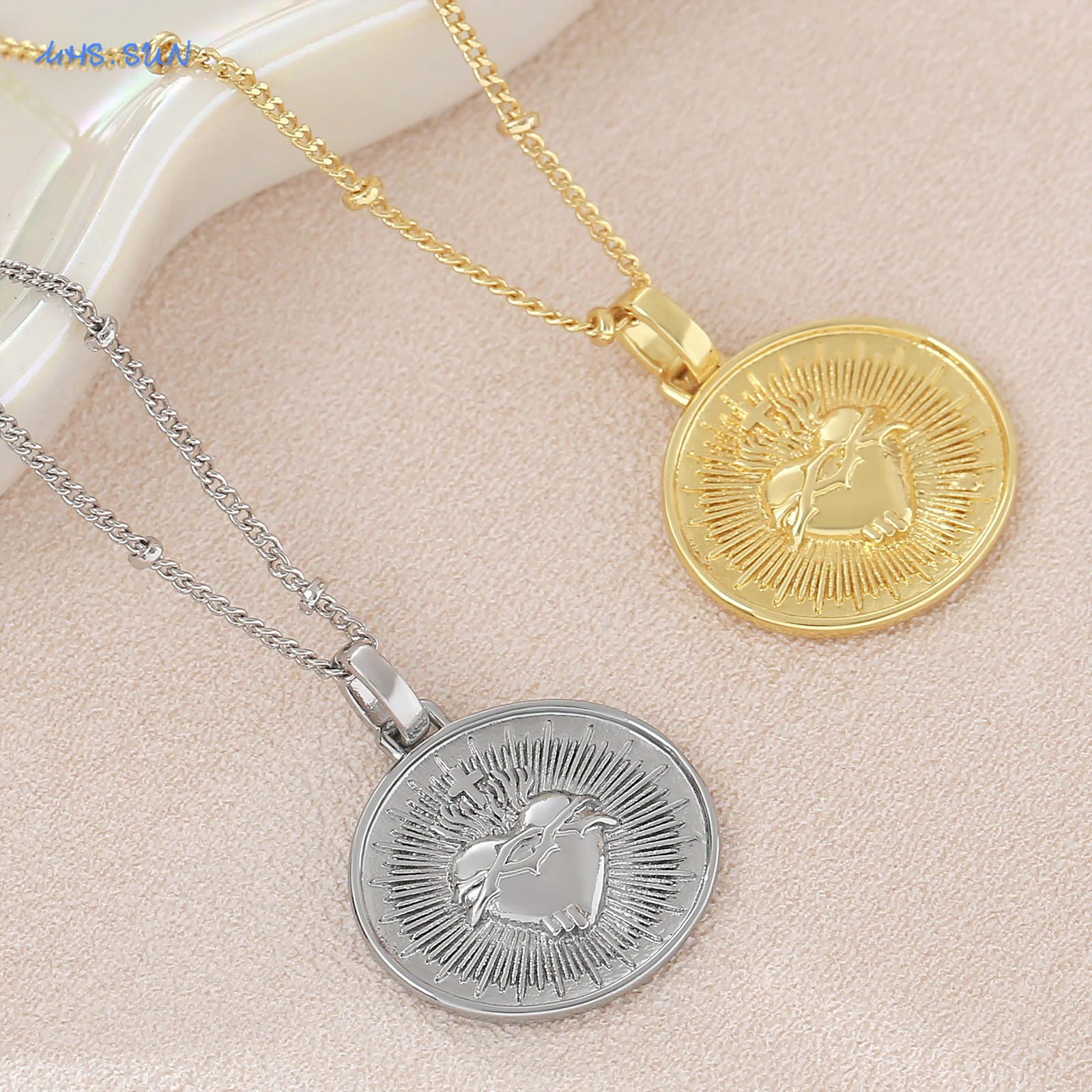 

SUNSLL Flame Sacred Heart Cross Pendant Necklaces Cubic Zircon Round Gold/Silver Color Chain Jewelry Gifts For Women Men