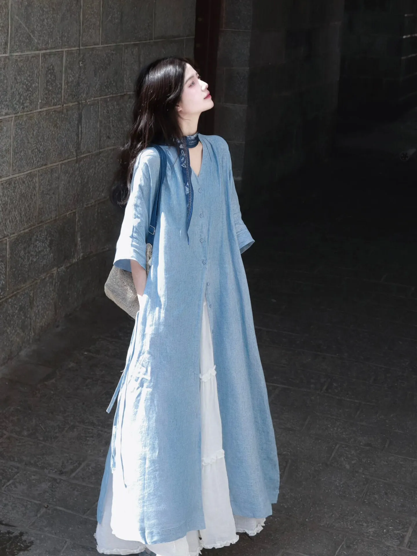 Blue Shirt Dress Set Loose Fit Summer Collection Women's Fashion Casual High Waist V-Neck Button up Two-Piece Ensemble