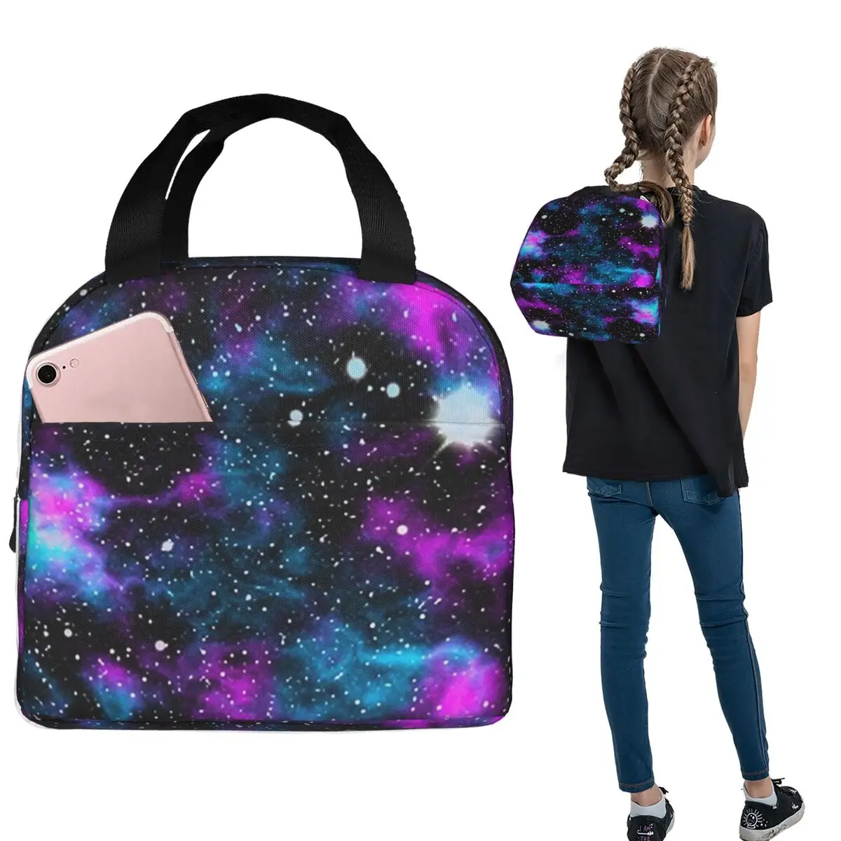 Purple And Blue Galaxy Insulated Lunch Bag for Women Children Portable Food Boxes Thermal Lunch Box Tote