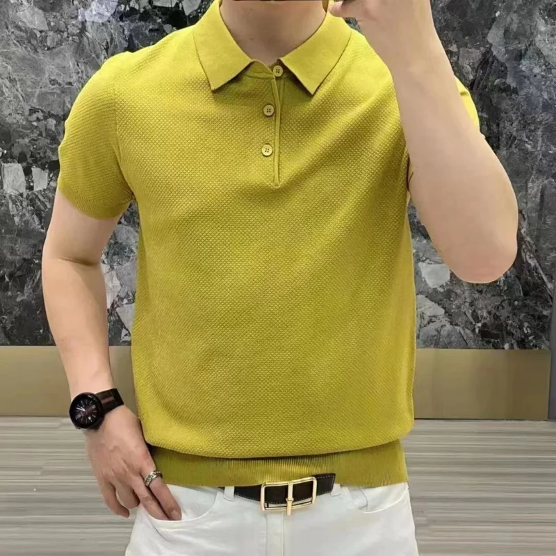 

Summer New American Vintage Smart Casual Polo Shirt Men's Solid Lapel Button Fashion Slim Fit Short Sleeve Pineapple Pattern Top