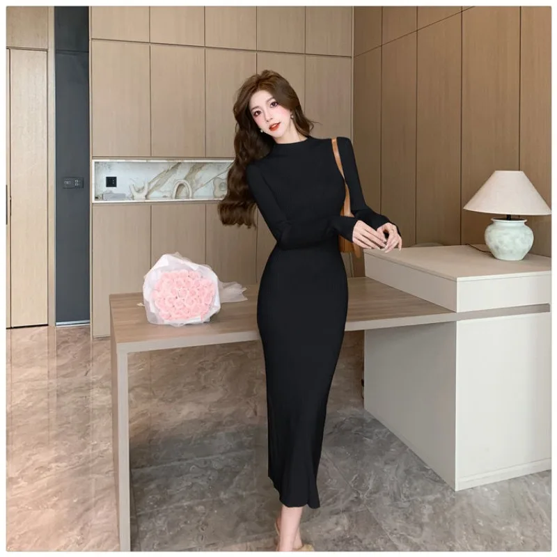 French Long-sleeved Knitted Dress Half High Neck Slim Sweater Maxi Ribbed Purple Bodycon Skirt Formal Occasions Elegant Gowns image 3