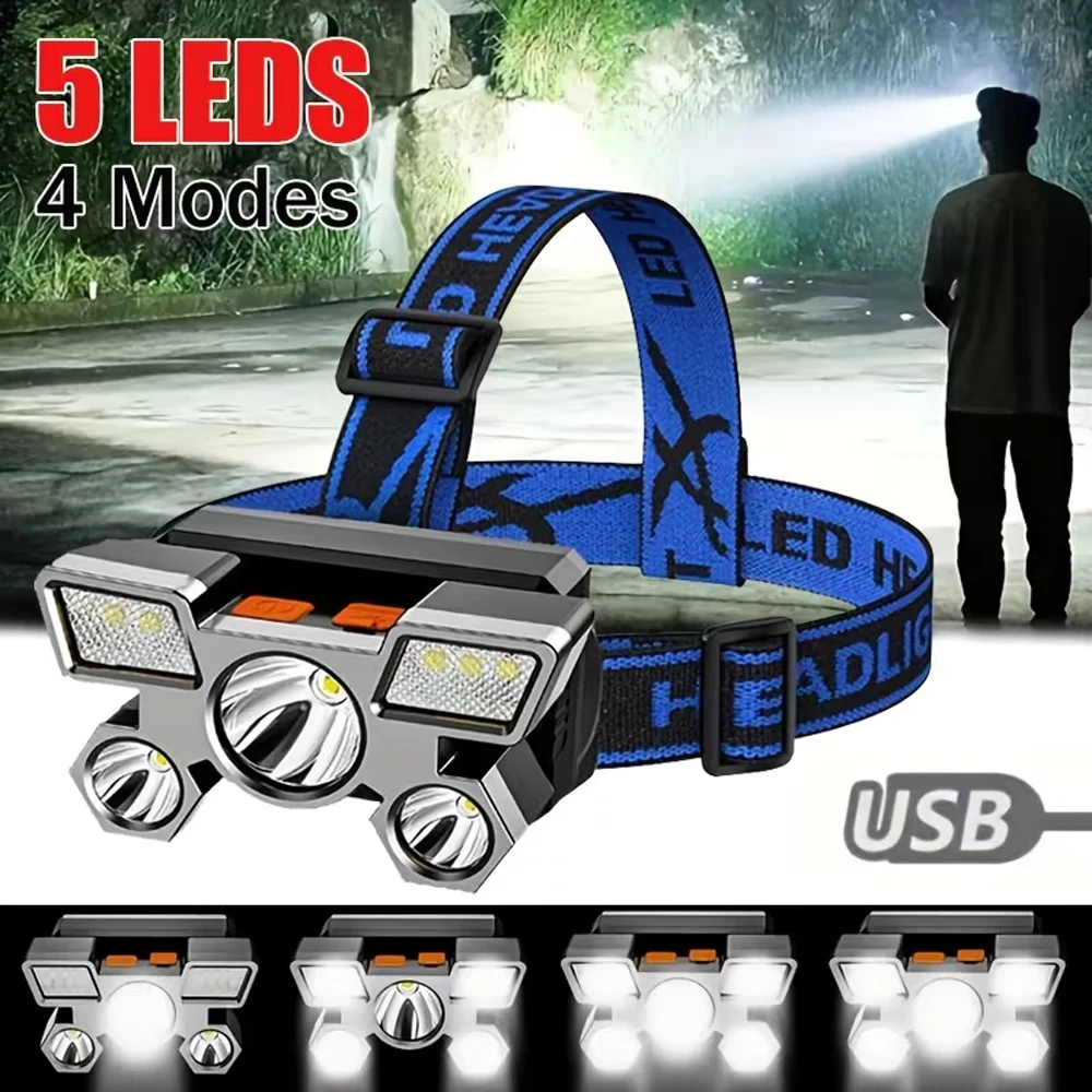 5 LED High Power Headlamp Super Bright USB Rechargeable Fishing Camping Light Long Distance Head Mounted Mining Lamp, Headlight