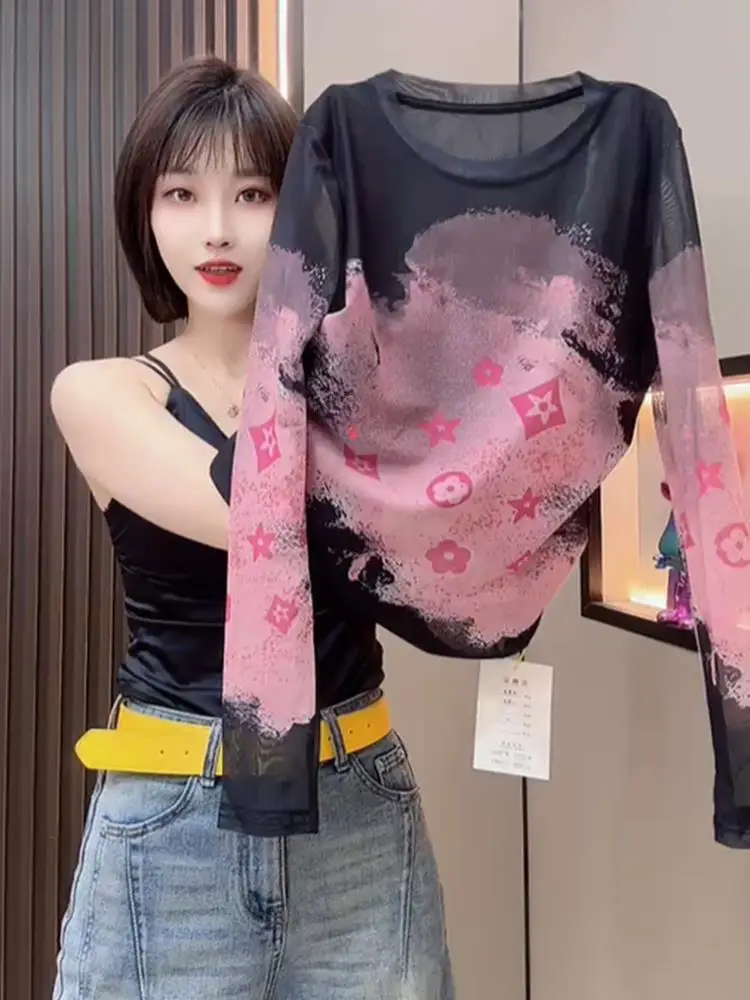 

Лето 2023, женский модный розовый пуловер с принтом тай-дай Long Sve round Ne, защита от солнца, облегающая футболка с креативным узором...