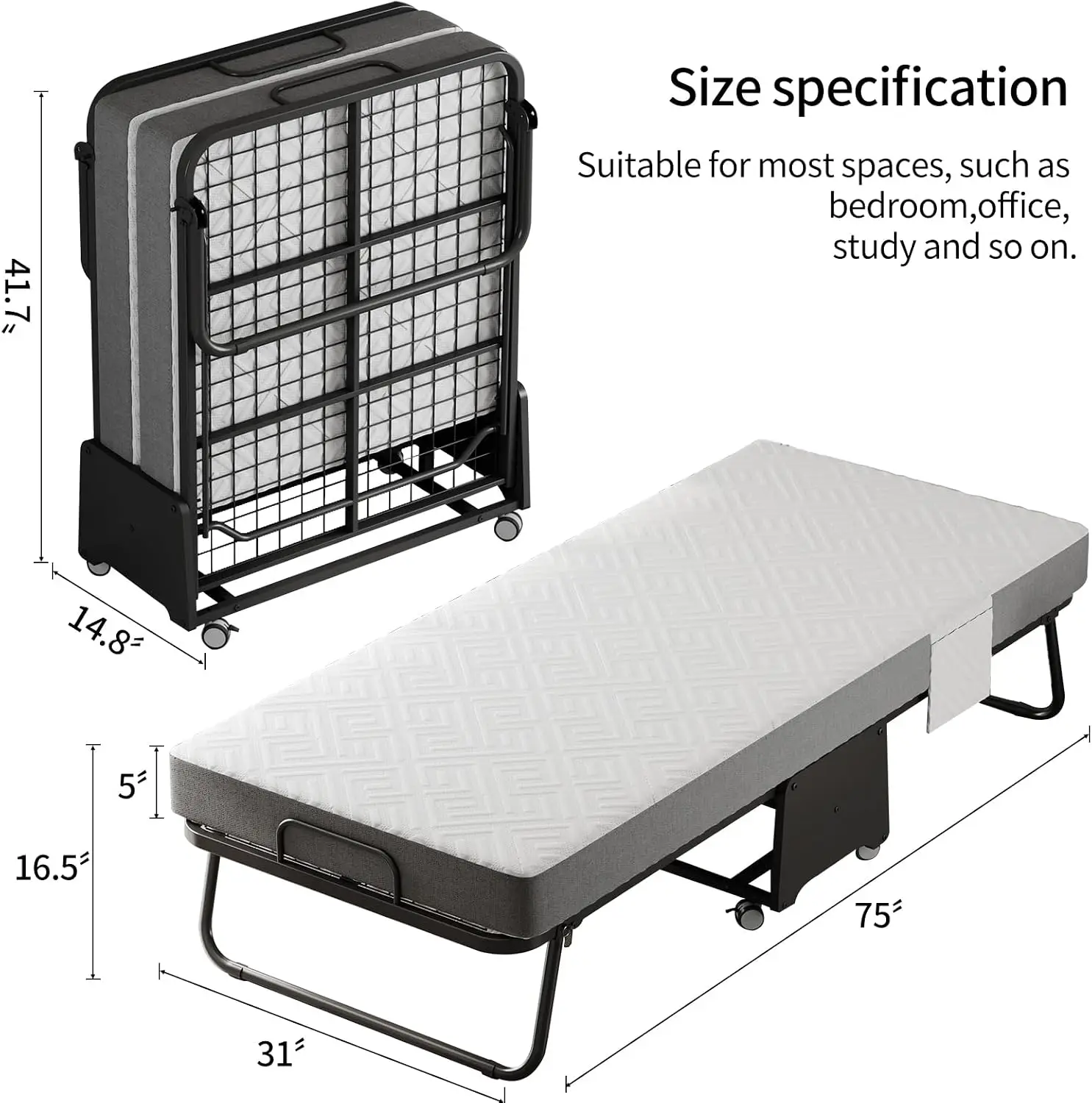 Deluxe Folding Bed with Mattress with 5-inch Memory Foam Mattress on Rollers for Easy Storage with Metal Frame and Bed Side Pock