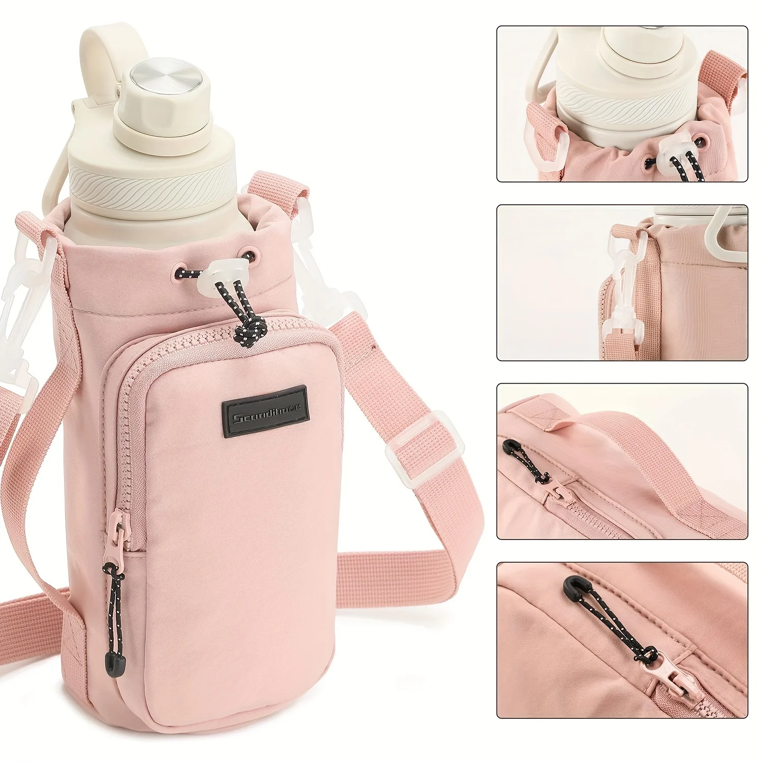 Nylon Water Bottle Carrier Bag with Shoulder Strap, Square Hand Wash Only, Shatterproof PVC-Free Single Pocket Crossbody Pouch w