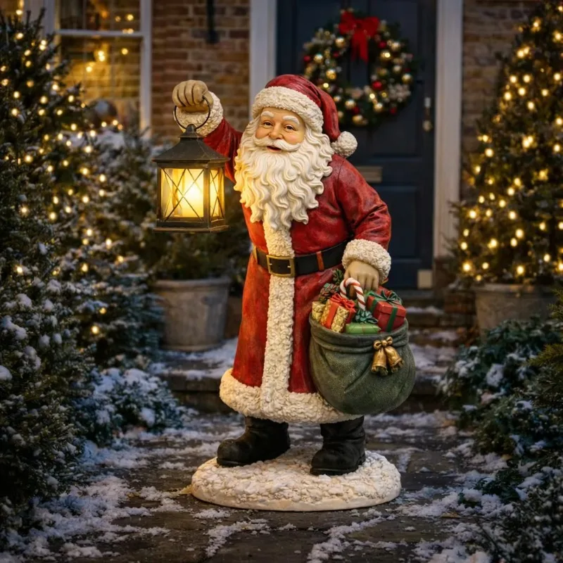 Handmade Art Deco Resin Santa Claus Lantern Statue with Lights Festive Outdoor Porch Entrance Decoration