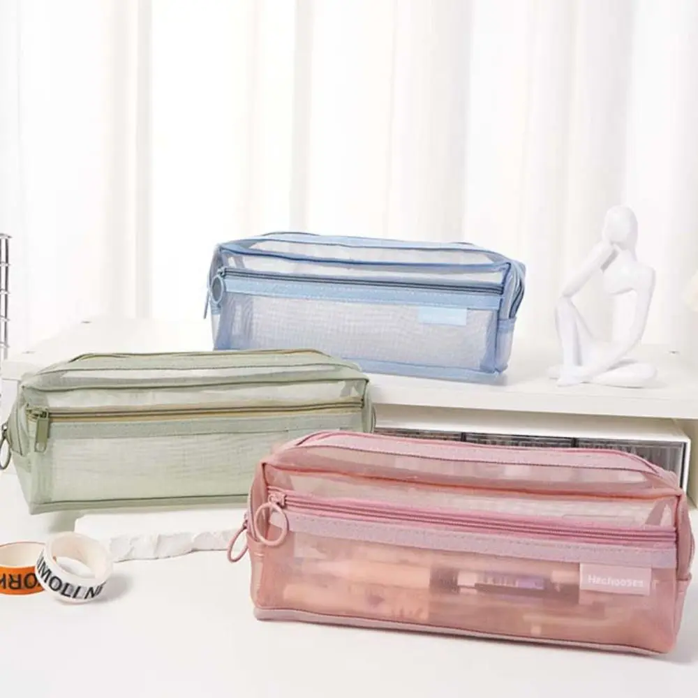 

Double Layer Mesh Pencil Case Nylon Retro Color Transparent Pencil Bag Storage Bag Large Capacity Zipper Stationery Bag Student