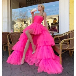 Hot Pink High Low Prom Dresses Strapless Ruffles Special Formal Party Gowns for Women Custom Evening Gowns