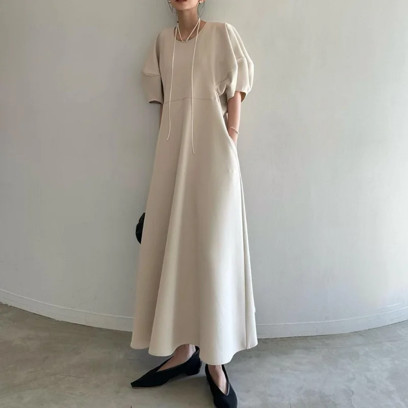 2024 Summer New Dresses Women Round Neck Latern Sleeve Dress Elegant Chic Draped Vestidos Fashion Ins Casual Robe Femme