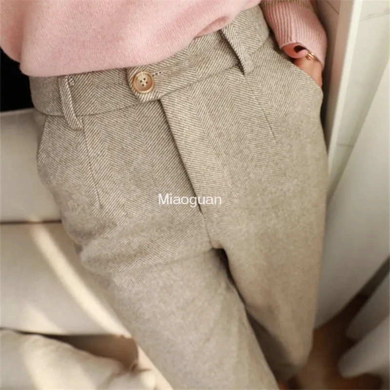 Woolen Pants Women's Harem Pencil Pants 2024 New Autumn Winter High Waisted Casual Suit Pants Office Lady Women Trousers Comfort