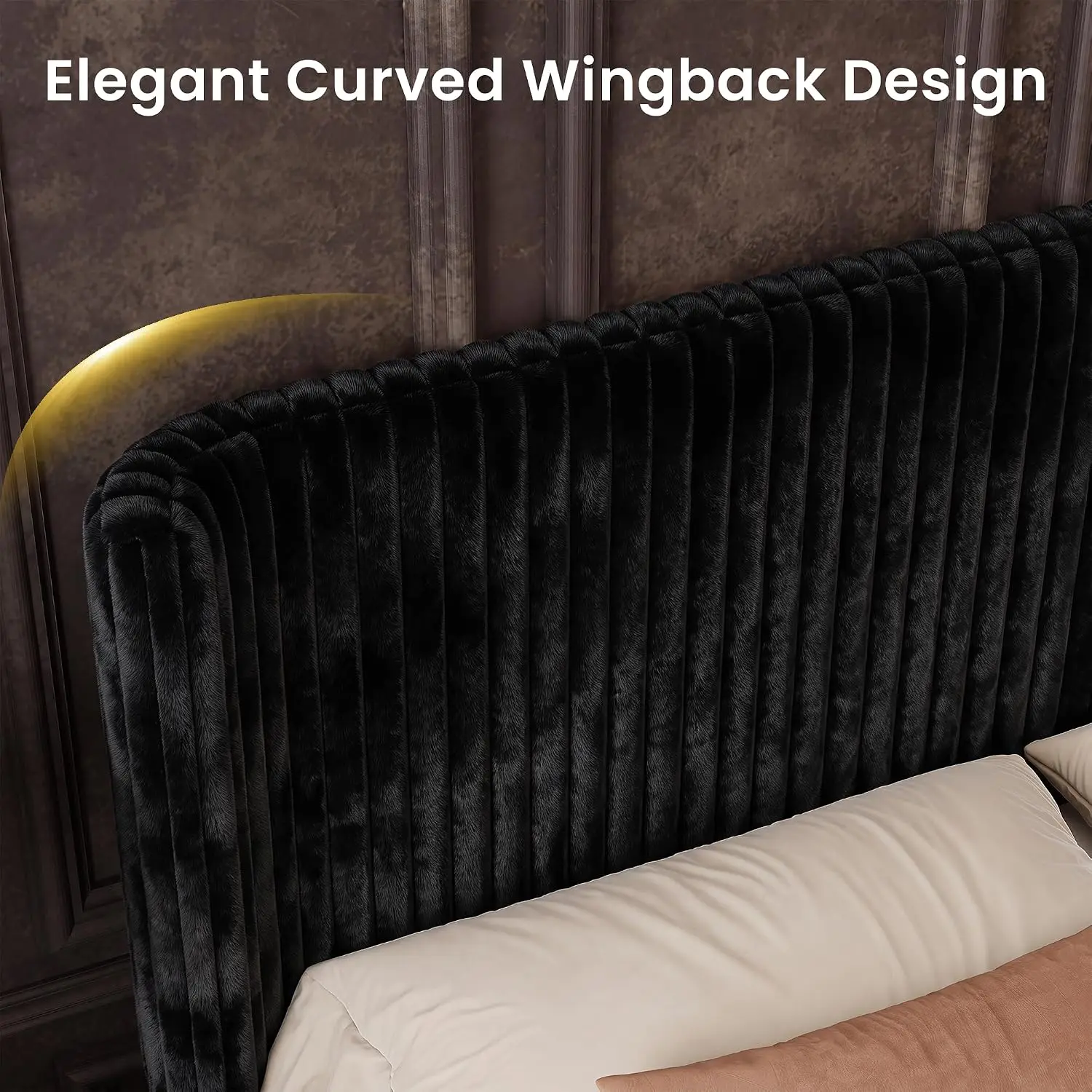 King Bed Frame With Faux Fur Upholstered Curved Wingback Headboard & Footboard, Platform Bed With Removable, Customized