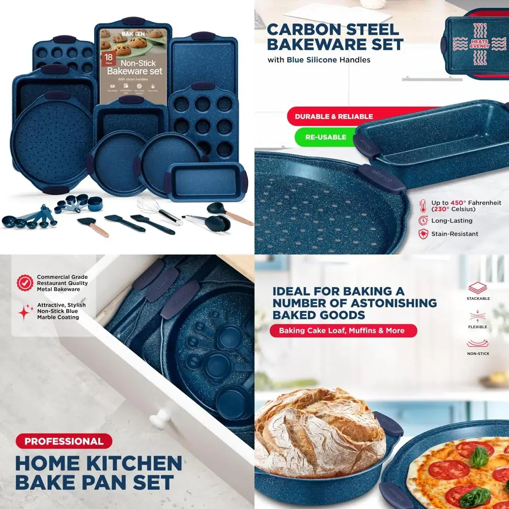 

BAKKEN Carbon Steel Nonstick Baking Pan Set with Blue Silicone Handles - Essential Kitchen Bakeware