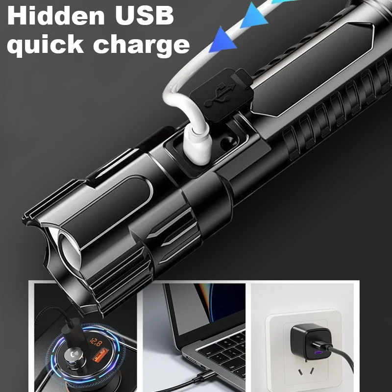 Tragbare starke Licht Taschenlampe eingebaute Batterie USB wiederauf ladbare Teleskop Zoom LED Taschenlampe Outdoor Camping Fahrrad lampe