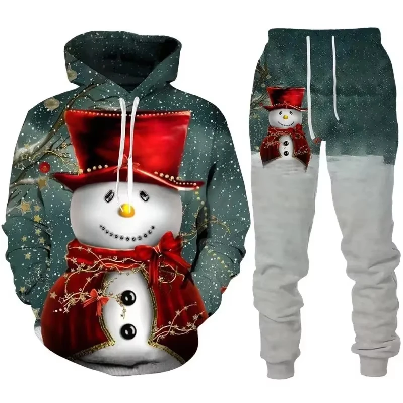 Christmas Series Snowman Graphic Men's Hoodie 2-Piece 3D Print Long Sleeve Hooded Sweatshirt Set Casual Holiday Tracksuit Outfit