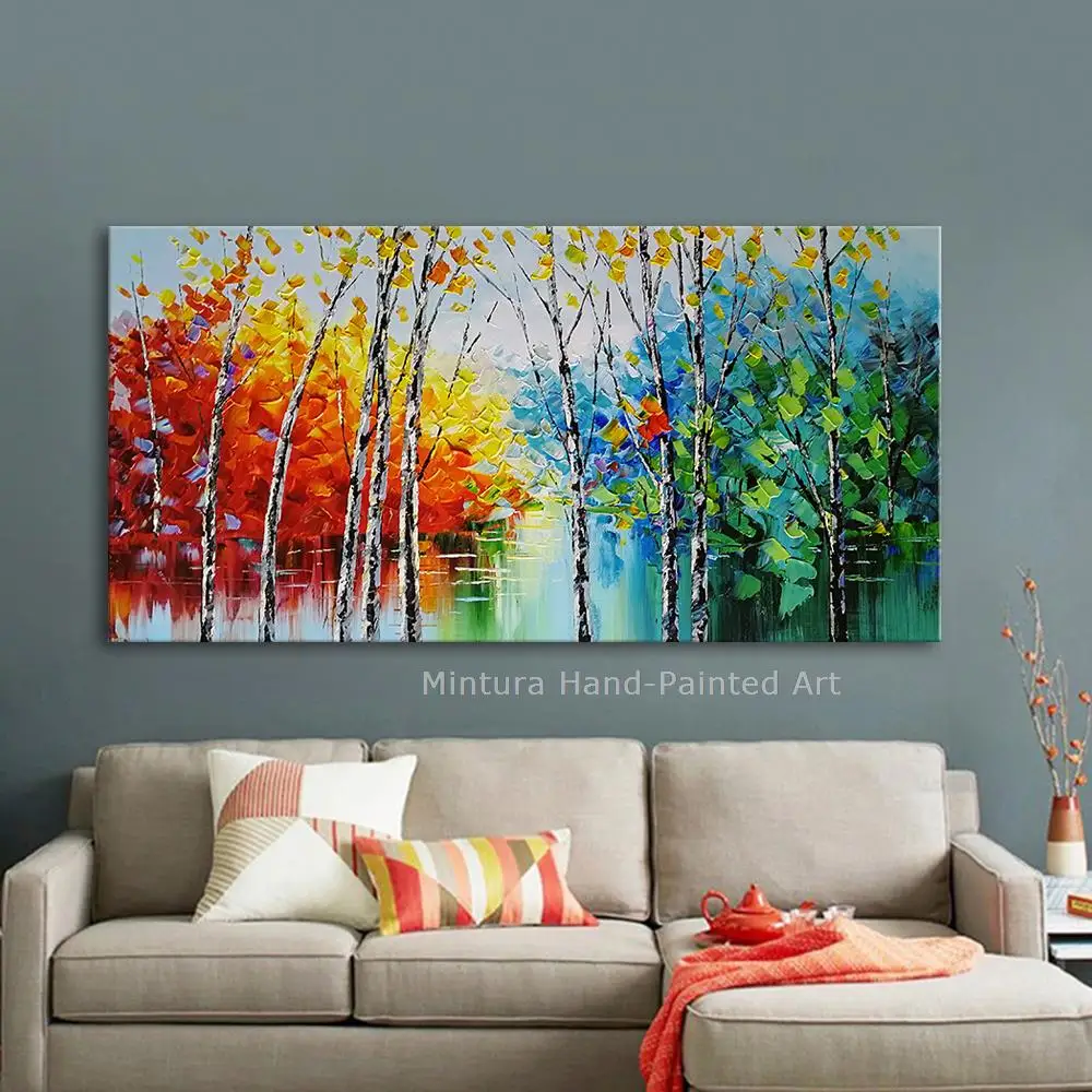 Mintura,Large Artwork Handpainted Colorful Forest Tree Lake Water Oil Painting On Canvas,Wall Art,Picture Living Room Home Decor