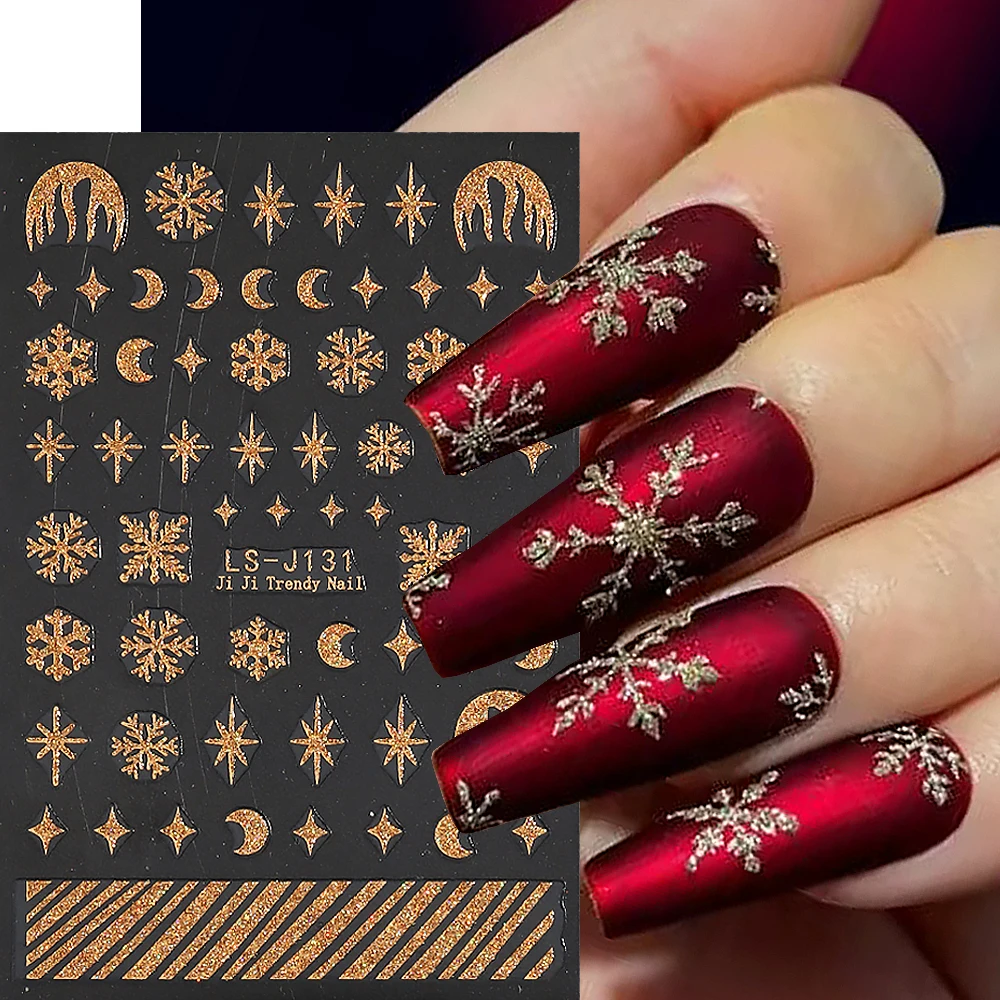 Gold Glitter Powder Snowflake Nail Stickers, 3D auto-adesivo, prata, branco Snowflake, Xmas Manicure Sliders, Star Moon, GLLS-J131