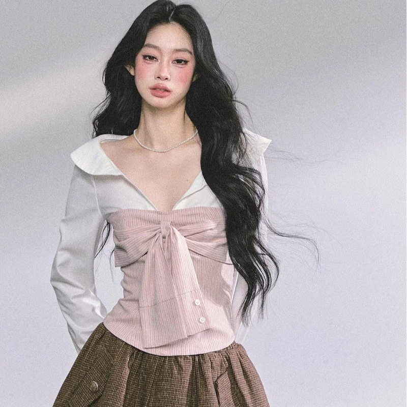 Deeptown Pink Striped Women Shirts Elegant Lace Up Long Sleeve Fake Two-piece Blouses Sweet Korean Fashion Slim Preppy Casual