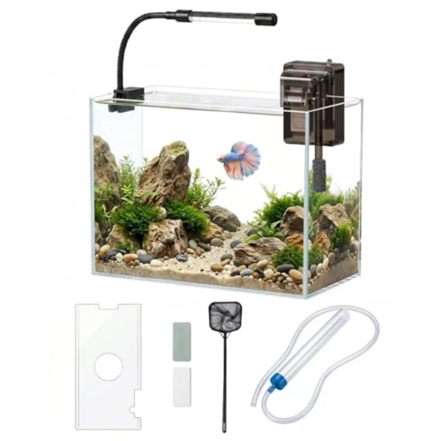 

Glass Fish Tank Kit Betta Fish Tank Aquarium Starter Kit with Filter Lights Lid for Betta Goldfish Small Fish or shrimg Clear