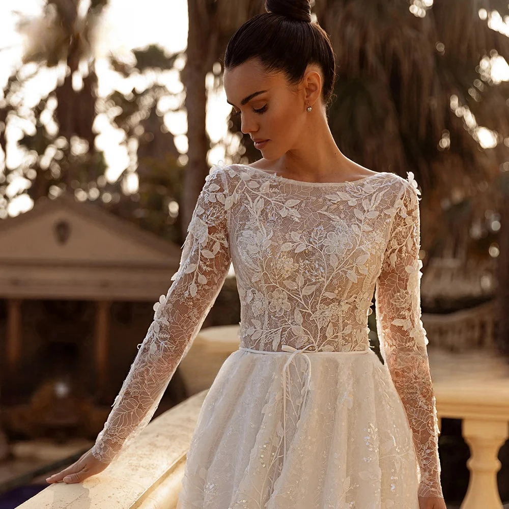 

Elegant A Line Scoop Neck Wedding Dress Sexy Backless Long Sleeve Lace Bridal Gown Applique Sequins Beading Bride Dress