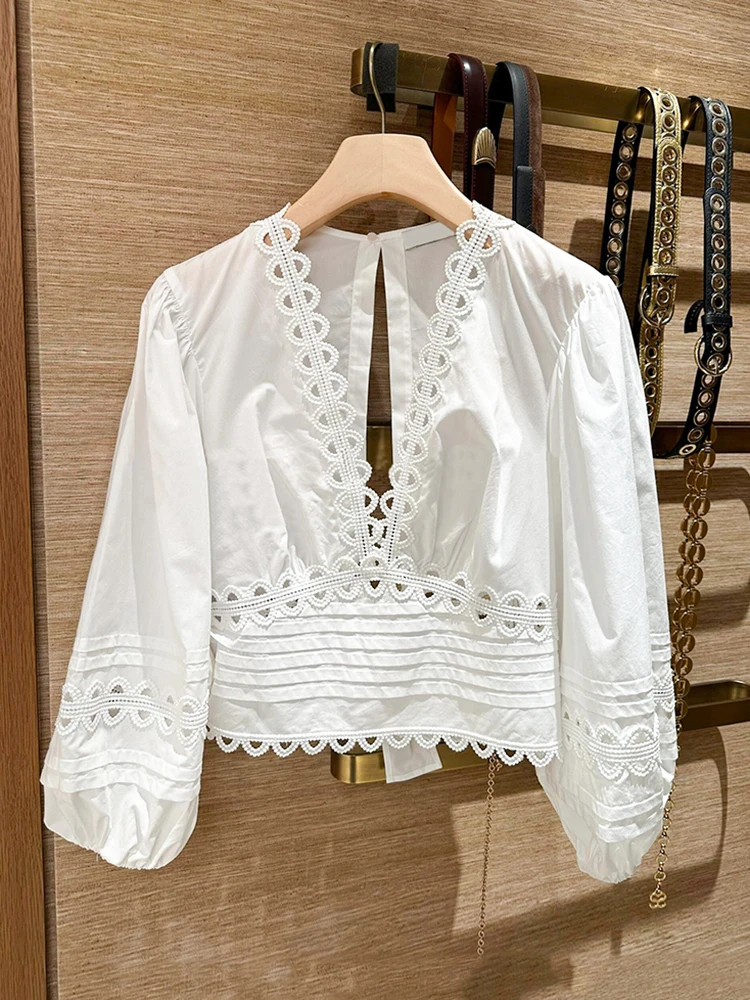 

Ele V-Ne Hollow Bubble Sve irt Top for Women Summer Faion Simple Straight Cut Long Sve Polyester Fiber Blouse