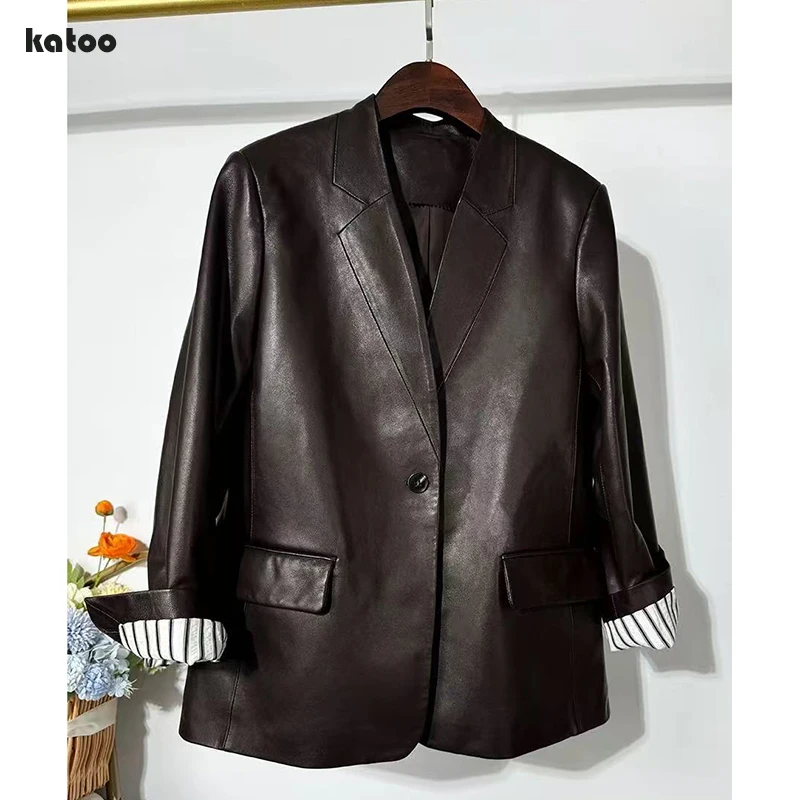 

Genuine Leather Suit for Women 2026 Winter Plant Tanned Sheepskin Coffee Coat Back Split Flip Pocket Jacket Blazer Feminino