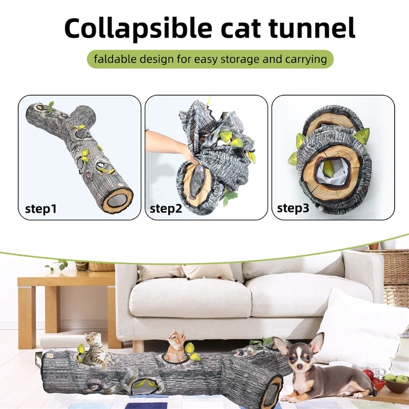 Big Collapsible Tunnel Toys Play Tunnel Durable Polyester Tree Pattern Hideaway Crinkle Tunnel for Small Pet