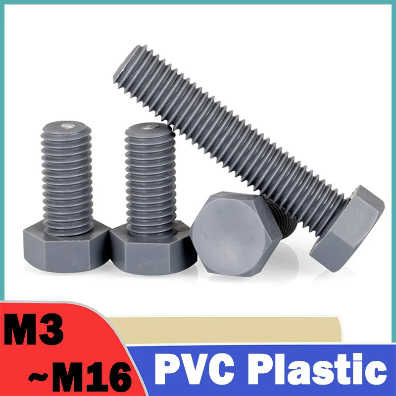 2~50Pcs M3 M4 M5 M6 M8 M10 M12 M14 M16 Nylon Grey External Hexagonal Screws PVC Insulated Plastic Hex Head Bolts Length: 5~100mm