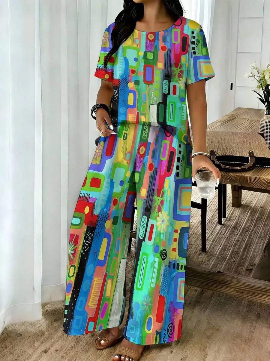 

Womens Plus Size Short Sleeve Long Pants Set Colorful Geometric Abstract Art Pattern Loose Comfortable Casual
