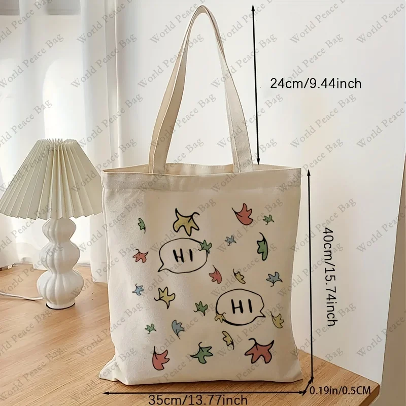 1pc hi pattern heartstop Canvas Shopping Bag, Portable Shoulder Bag, Trendy Large Capacity Tote Bag For Daily Life