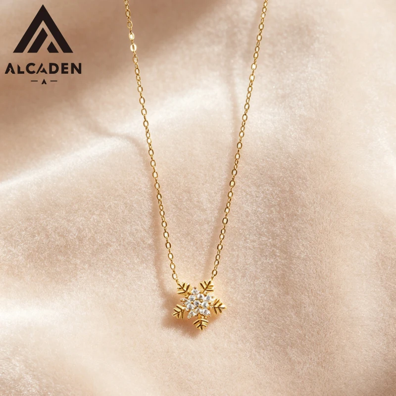 Snowflake Pendant Necklace for Women 18K Gold Plated 925 Sterling Silver Chain Girls Jewelry Banquet Christmas Gift