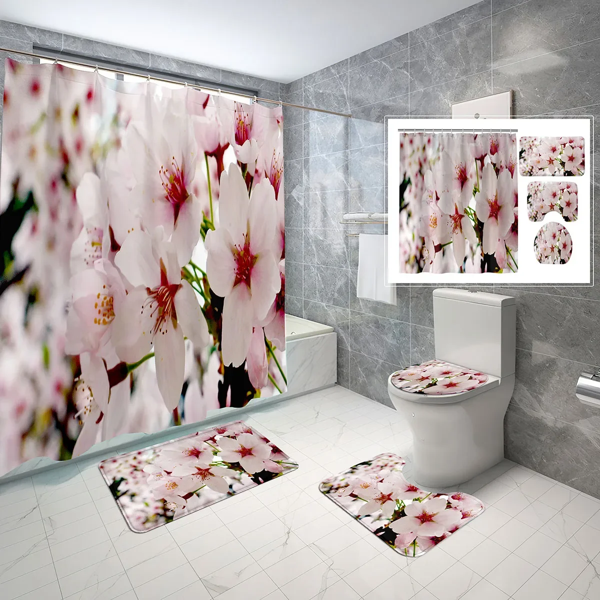 4 Sets Cherry Blossoms Shower Curtain Sets with Non-Slip Bath Mat,Toilet Lid Cover and Spring Pink Flowers Shower Curtain Set