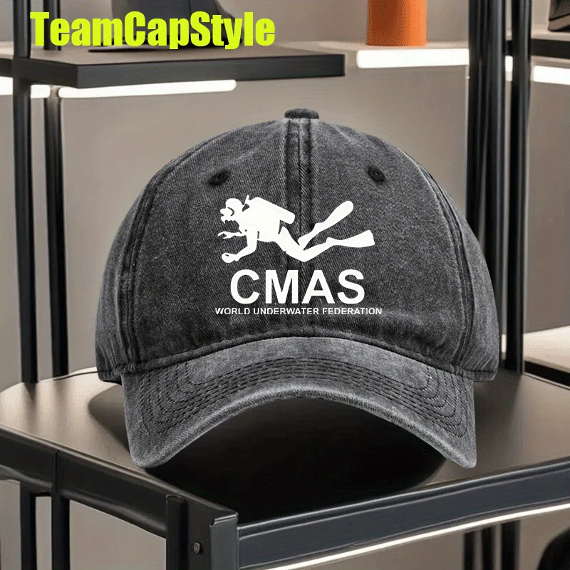 A Vintage Washed Print Baseball Cap for CMAAS Diving Enthusiasts - Adjustable Snapback, Sporty, Made of, Featuring a Black Desig