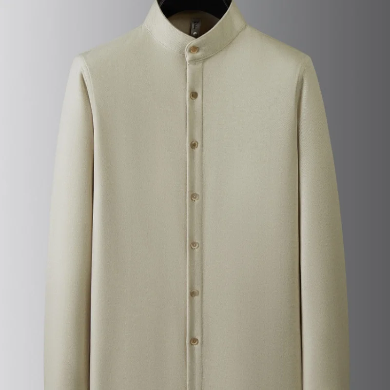 Men's Fleece-Lined Thickened Long-Sleeved Shirt Wool Stand-Up Collar Slim-Fit Winter Casual Warm Zhongshan Suit