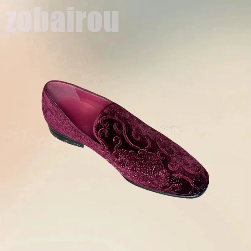 

Rose Red Totem Design Corduroy Square Toe Loafers Fashion Slip On Men Shoes Luxury Handmade Party Banquet Dating Men Dress Shoes